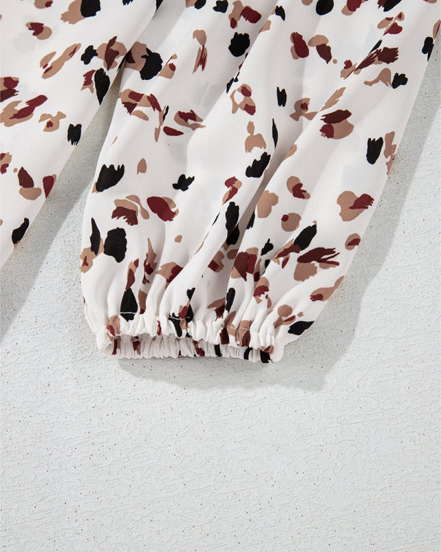 White Leopard Print Puff Sleeve Mock Neck Pleated Blouse - Sleekdenim.com