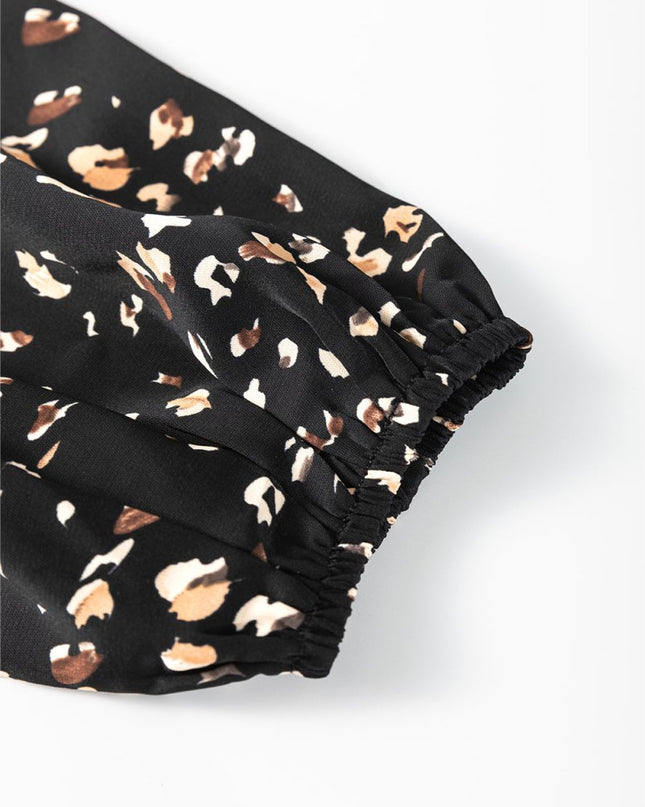 White Leopard Print Puff Sleeve Mock Neck Pleated Blouse - Sleekdenim.com