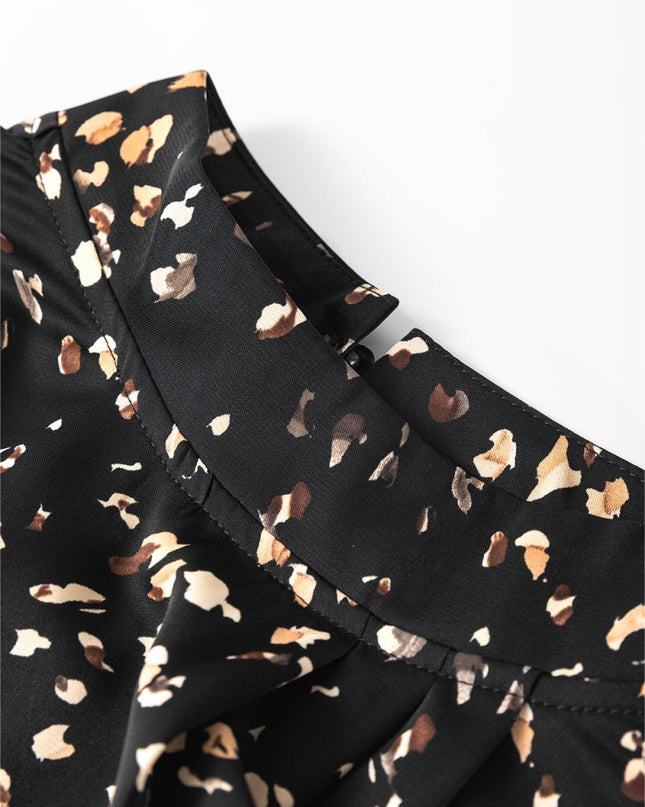 White Leopard Print Puff Sleeve Mock Neck Pleated Blouse - Sleekdenim.com