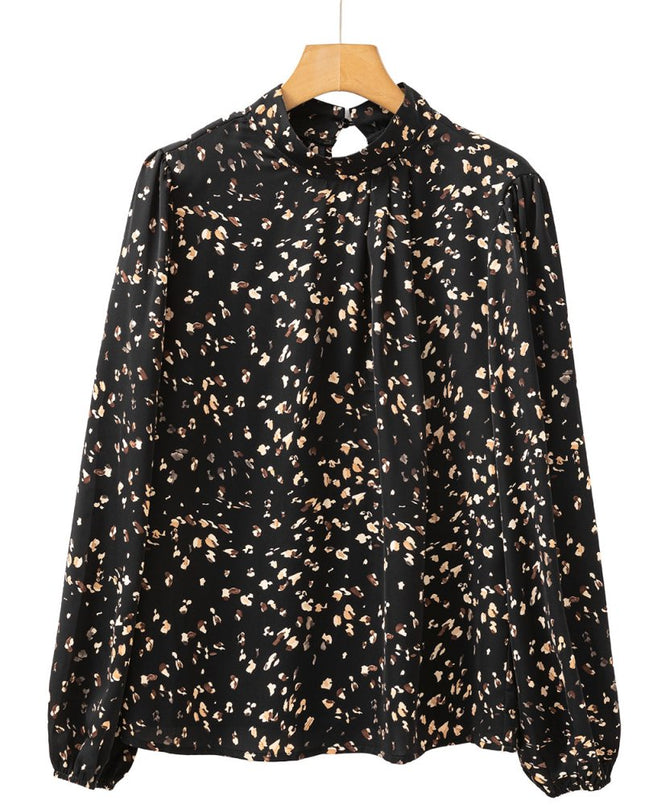 White Leopard Print Puff Sleeve Mock Neck Pleated Blouse - Sleekdenim.com