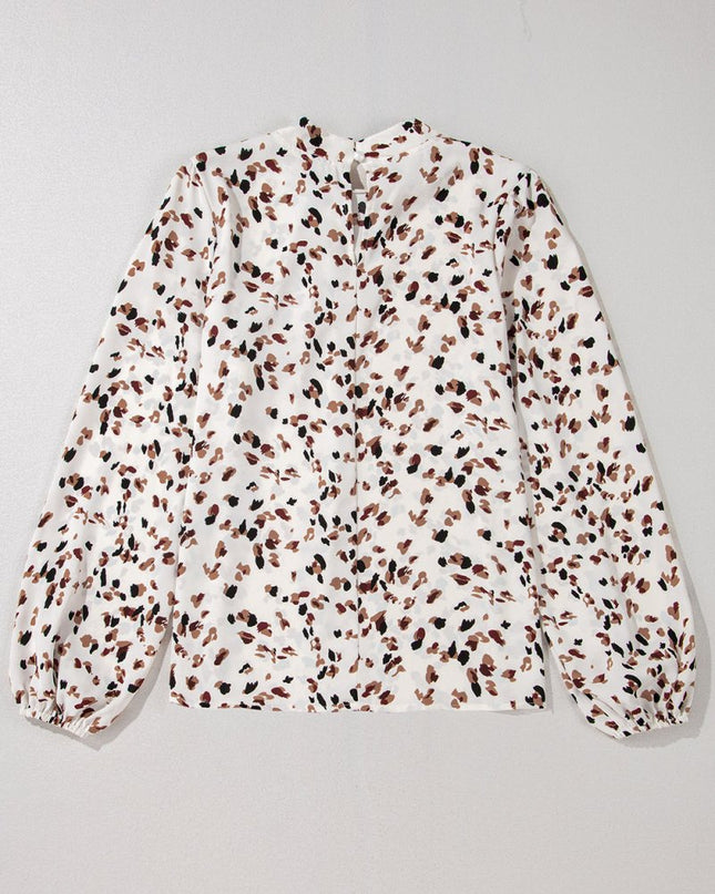 White Leopard Print Puff Sleeve Mock Neck Pleated Blouse - Sleekdenim.com