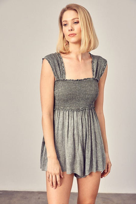 Wide Smocked Shoulder Straps Romper - Sleekdenim.com