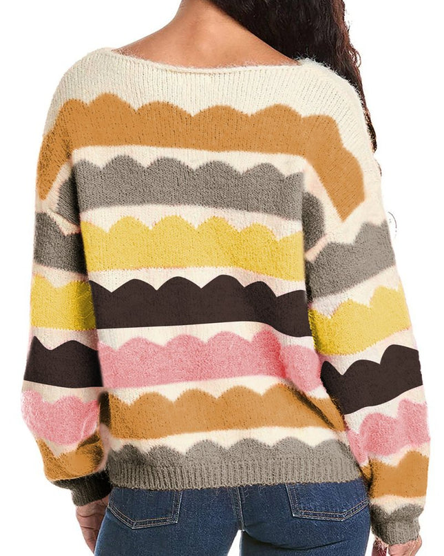 Yellow Wave Striped Balloon Sleeve Drop Shoulder Sweater - Sleekdenim.com