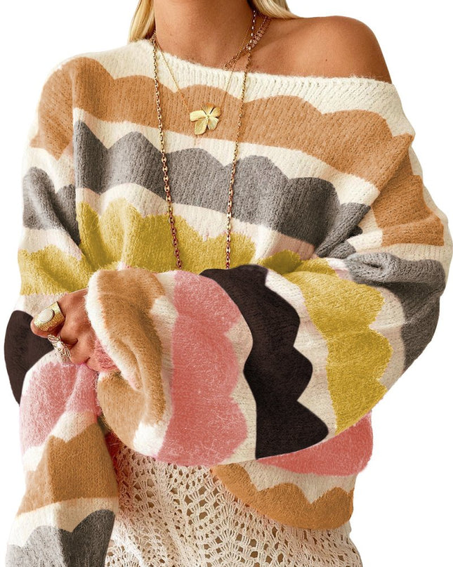 Yellow Wave Striped Balloon Sleeve Drop Shoulder Sweater - Sleekdenim.com