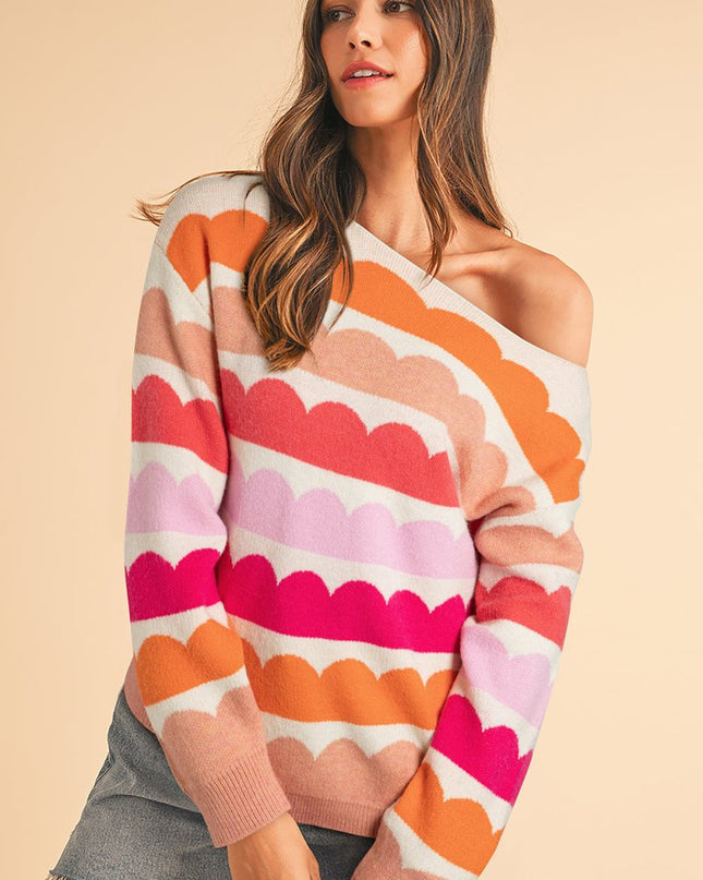 Yellow Wave Striped Balloon Sleeve Drop Shoulder Sweater - Sleekdenim.com