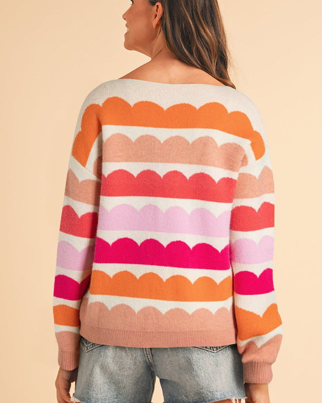 Yellow Wave Striped Balloon Sleeve Drop Shoulder Sweater - Sleekdenim.com