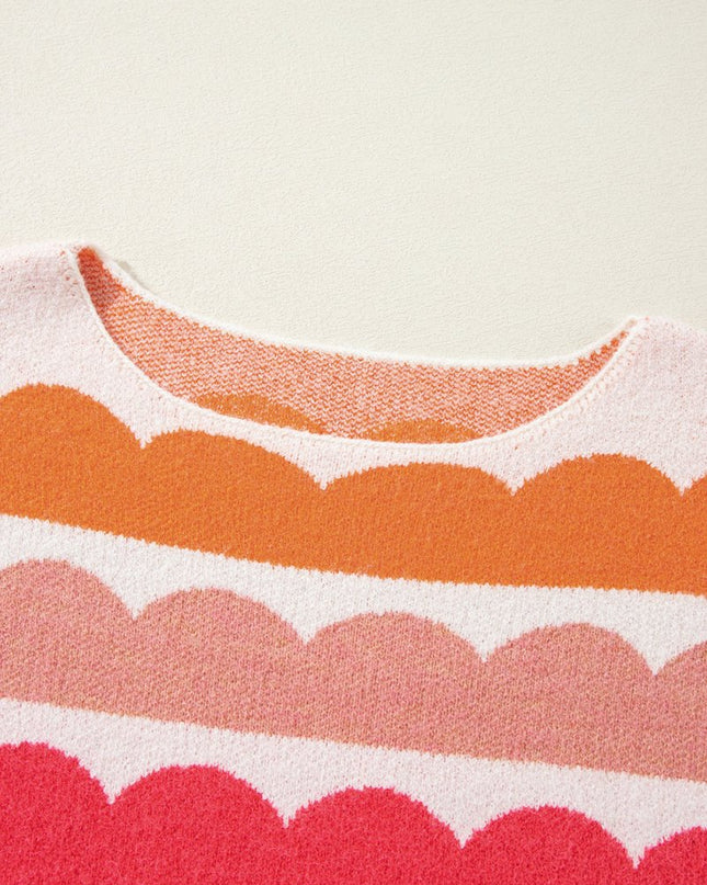 Yellow Wave Striped Balloon Sleeve Drop Shoulder Sweater - Sleekdenim.com