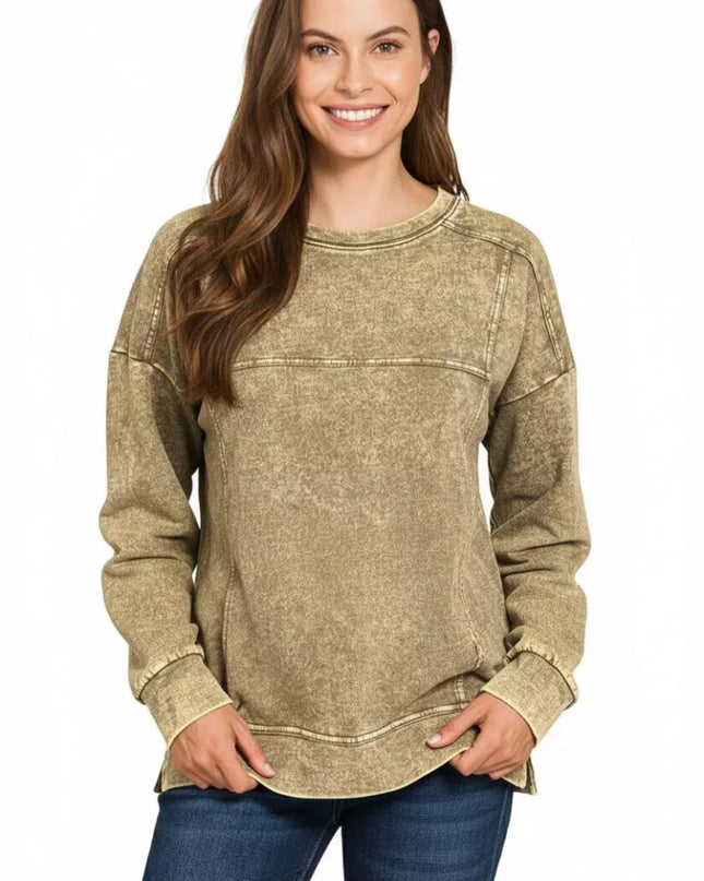 Zenana Acid Wash French Terry Exposed - Seam Pullover - Sleekdenim.com