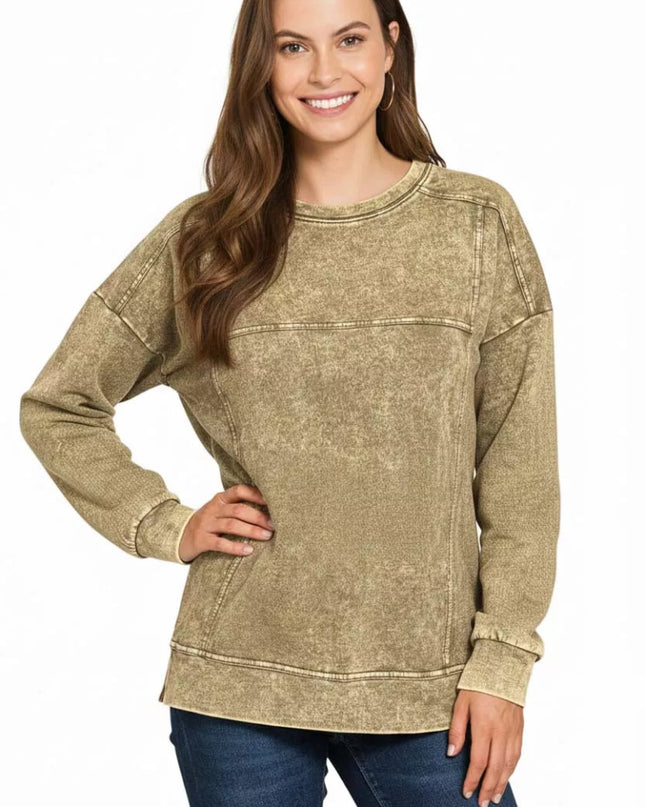 Zenana Acid Wash French Terry Exposed - Seam Pullover - Sleekdenim.com