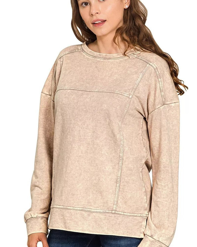 Zenana Acid Wash French Terry Exposed - Seam Pullover - Sleekdenim.com