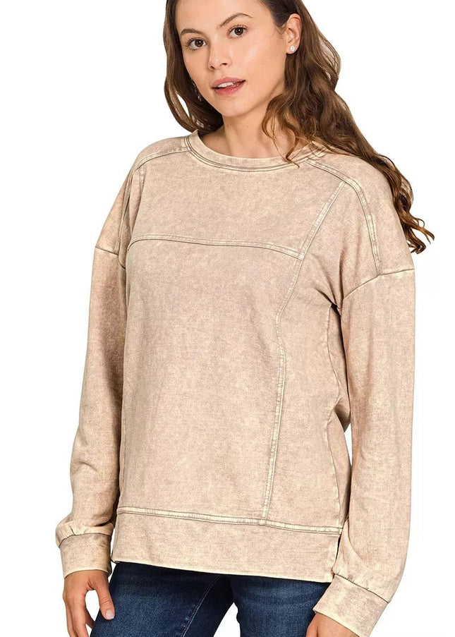 Zenana Acid Wash French Terry Exposed - Seam Pullover - Sleekdenim.com