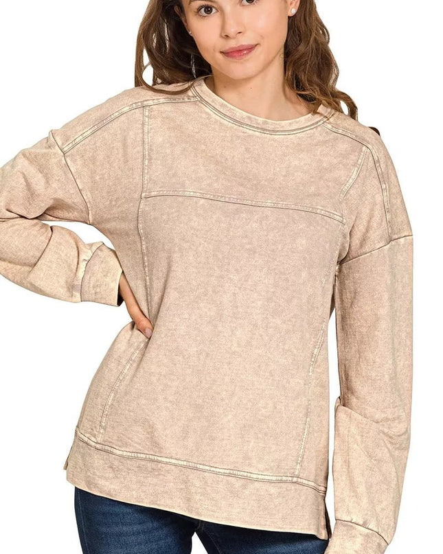 Zenana Acid Wash French Terry Exposed - Seam Pullover - Sleekdenim.com