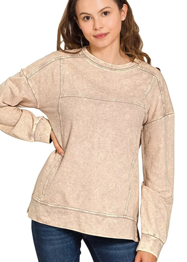 Zenana Acid Wash French Terry Exposed - Seam Pullover - Sleekdenim.com