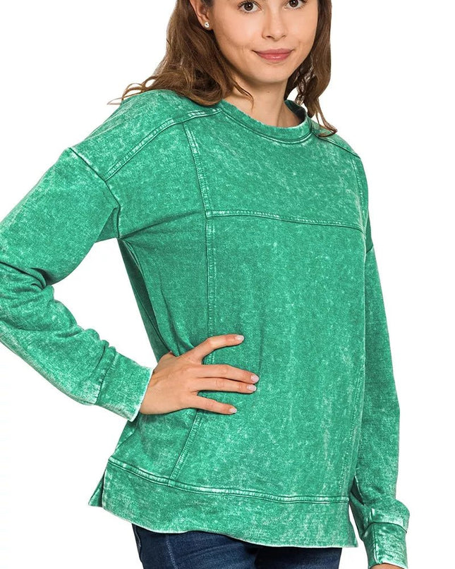 Zenana Acid Wash French Terry Exposed - Seam Pullover - Sleekdenim.com