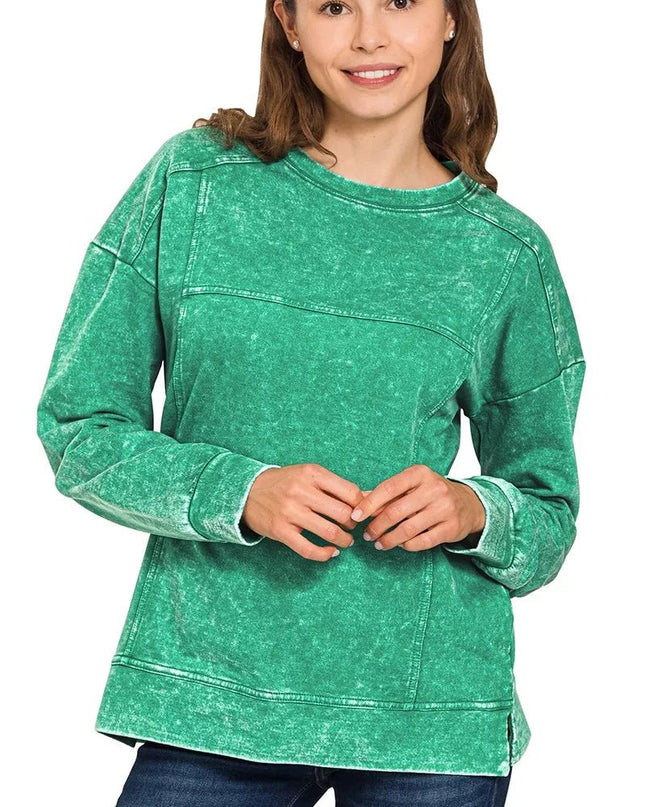 Zenana Acid Wash French Terry Exposed - Seam Pullover - Sleekdenim.com