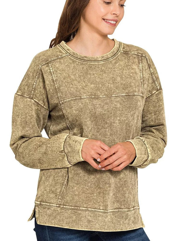 Zenana Acid Wash French Terry Exposed - Seam Pullover - Sleekdenim.com