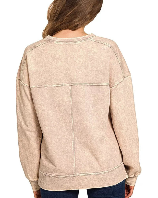 Zenana Acid Wash French Terry Exposed - Seam Pullover - Sleekdenim.com
