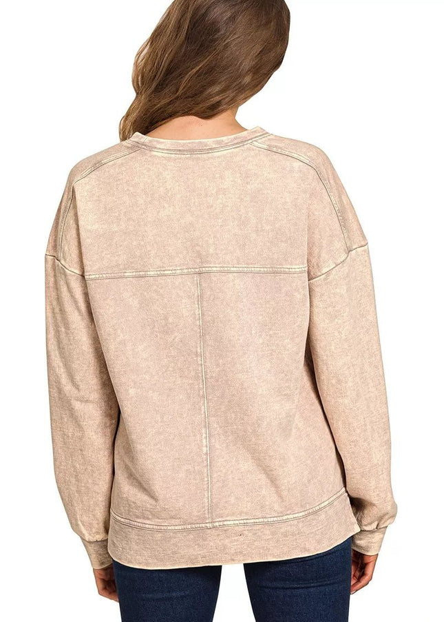 Zenana Acid Wash French Terry Exposed - Seam Pullover - Sleekdenim.com