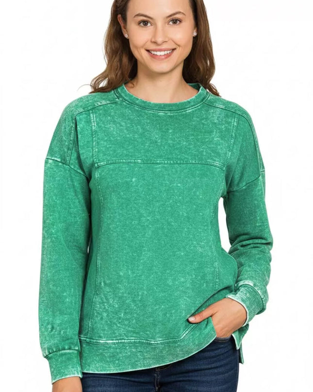 Zenana Acid Wash French Terry Exposed - Seam Pullover - Sleekdenim.com