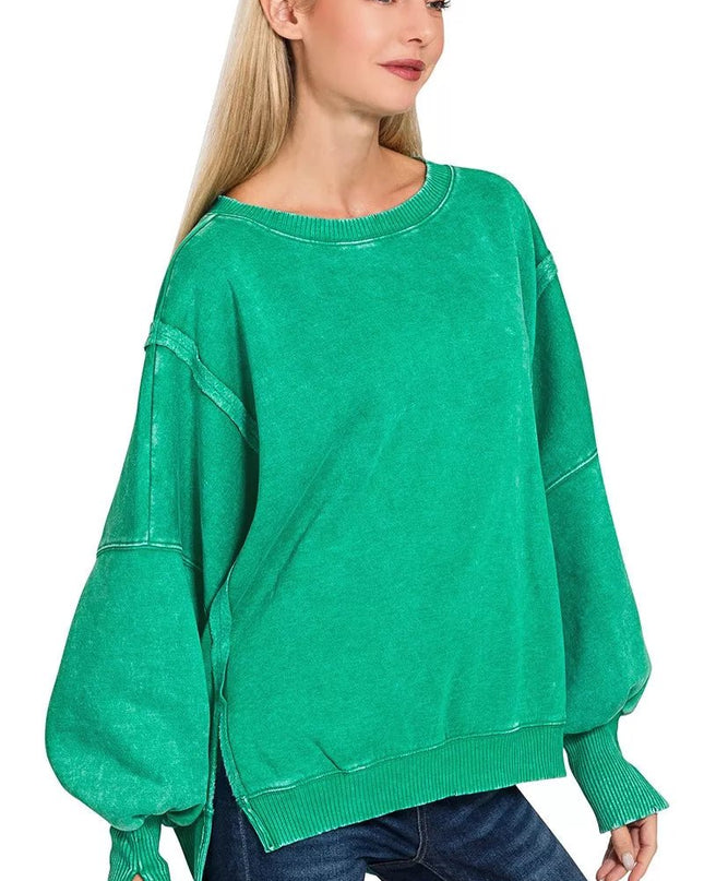Zenana Acid Washed Batwing Sleeve Fleece Sweatshirt - Sleekdenim.com