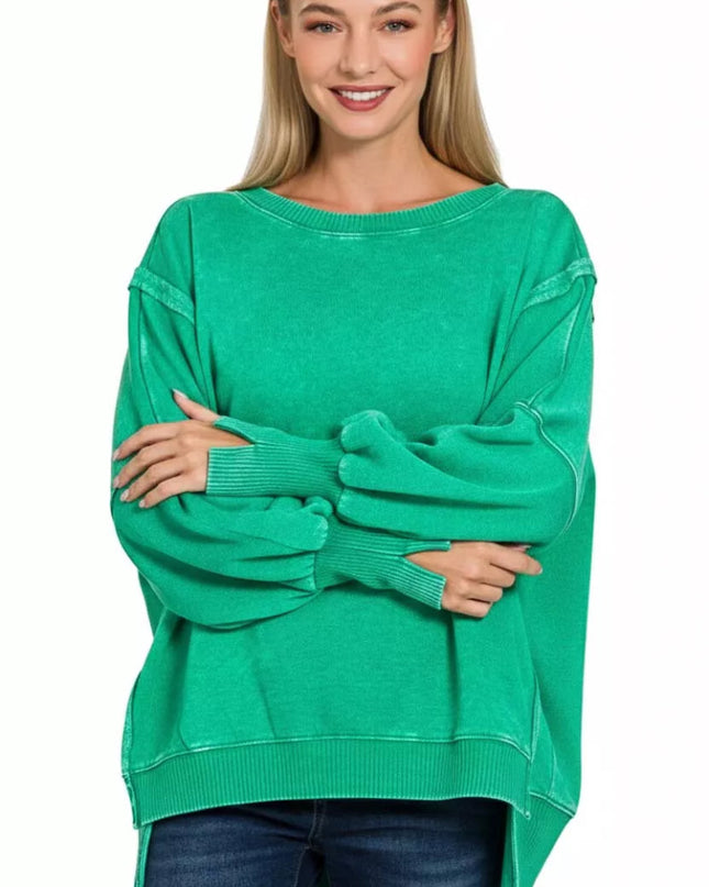 Zenana Acid Washed Batwing Sleeve Fleece Sweatshirt - Sleekdenim.com