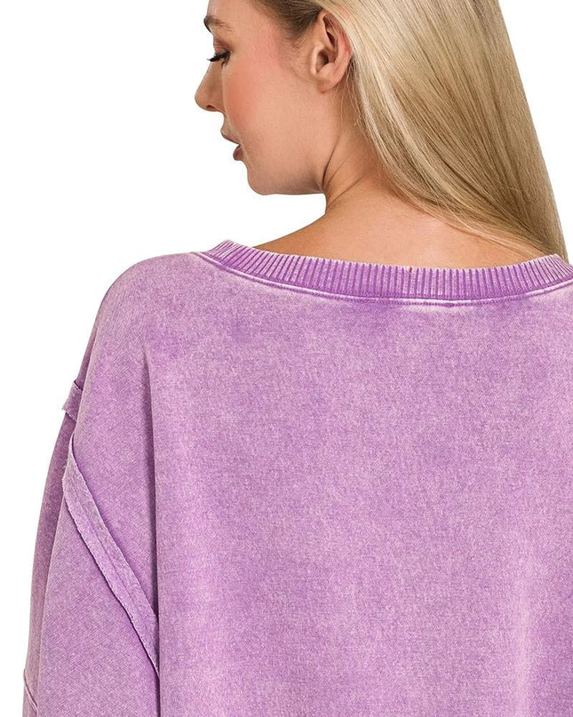 Zenana Acid Washed Batwing Sleeve Fleece Sweatshirt - Sleekdenim.com