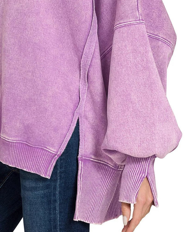 Zenana Acid Washed Batwing Sleeve Fleece Sweatshirt - Sleekdenim.com