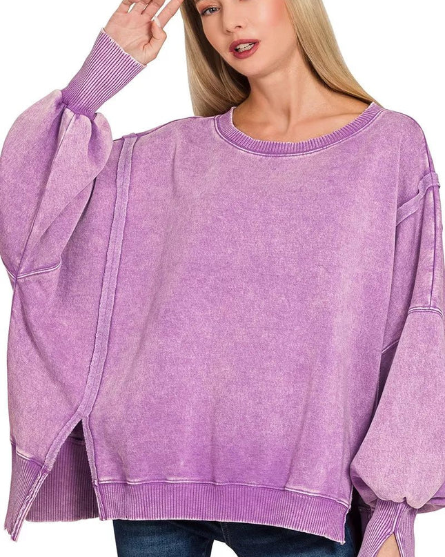 Zenana Acid Washed Batwing Sleeve Fleece Sweatshirt - Sleekdenim.com