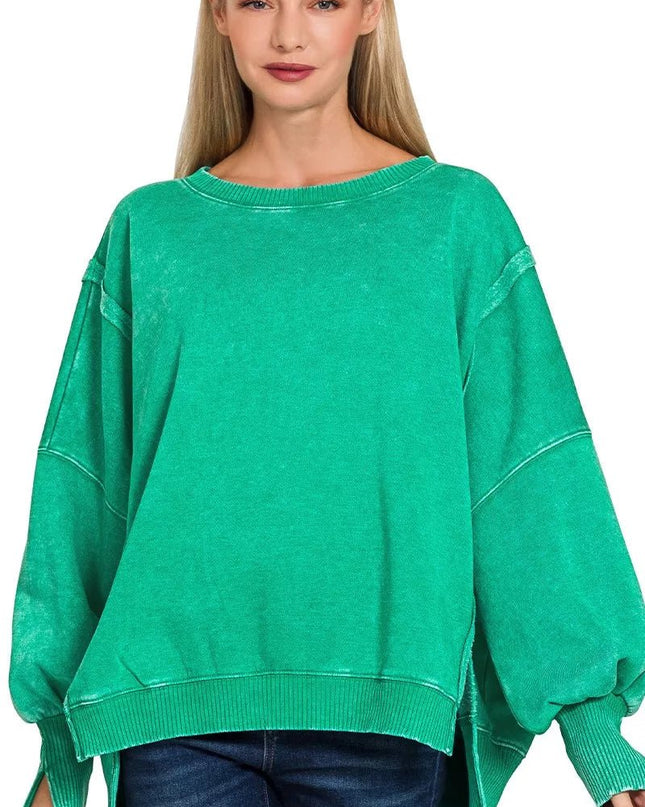 Zenana Acid Washed Batwing Sleeve Fleece Sweatshirt - Sleekdenim.com