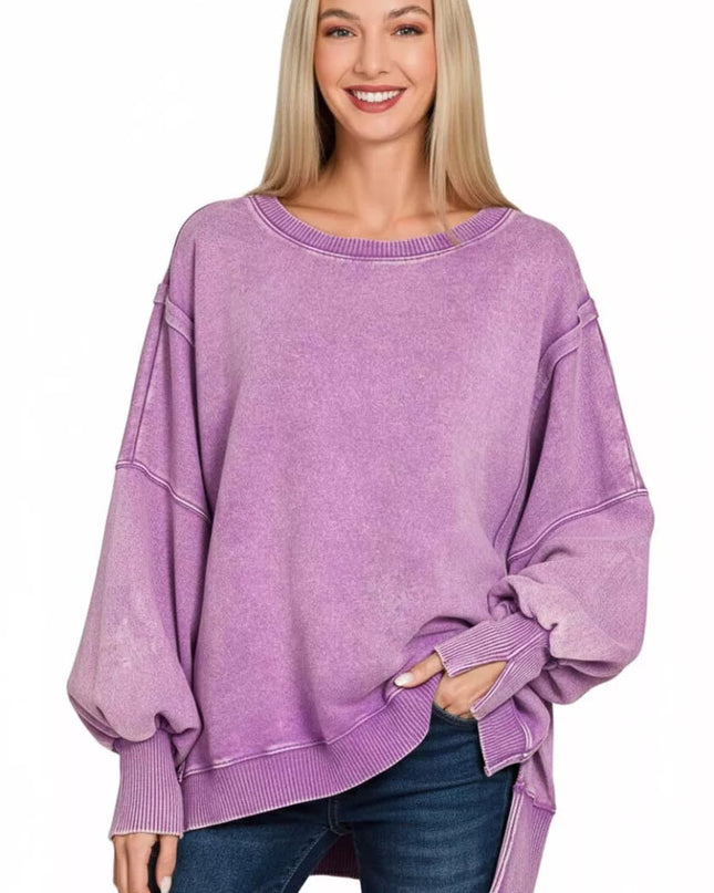 Zenana Acid Washed Batwing Sleeve Fleece Sweatshirt - Sleekdenim.com