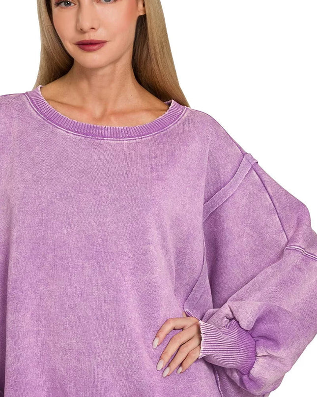 Zenana Acid Washed Batwing Sleeve Fleece Sweatshirt - Sleekdenim.com