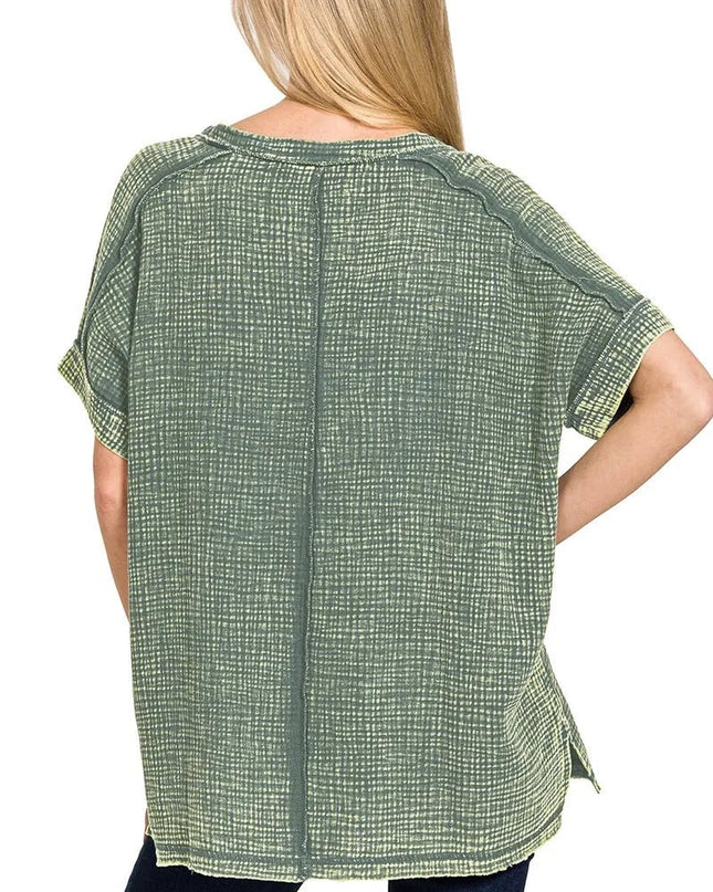 Zenana Acid Washed Double Gauze V - Neck Tee - Sleekdenim.com