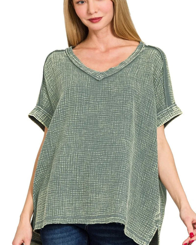 Zenana Acid Washed Double Gauze V - Neck Tee - Sleekdenim.com