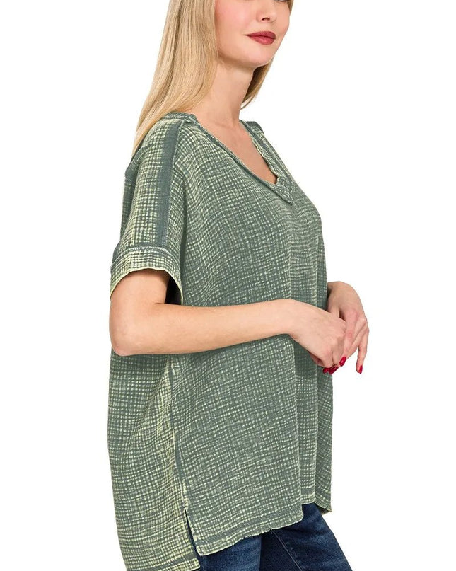 Zenana Acid Washed Double Gauze V - Neck Tee - Sleekdenim.com