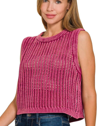 Zenana Acid Washed Fishnet Sweater Vest - Sleekdenim.com