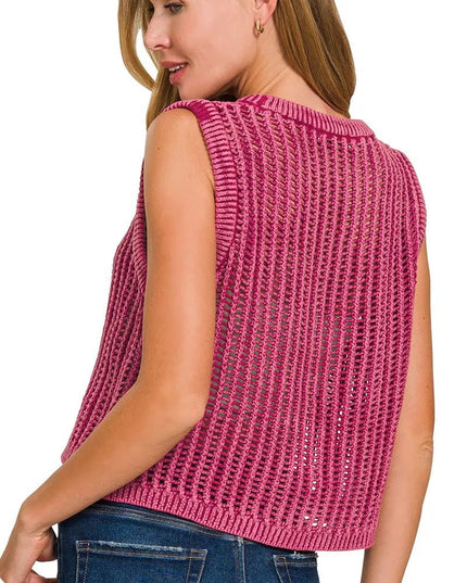 Zenana Acid Washed Fishnet Sweater Vest - Sleekdenim.com