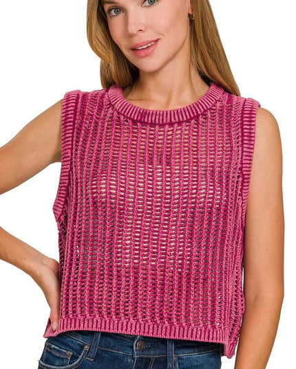 Zenana Acid Washed Fishnet Sweater Vest - Sleekdenim.com