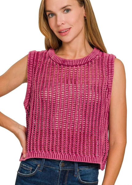 Zenana Acid Washed Fishnet Sweater Vest - Sleekdenim.com