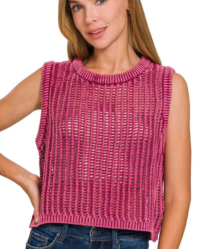 Zenana Acid Washed Fishnet Sweater Vest - Sleekdenim.com