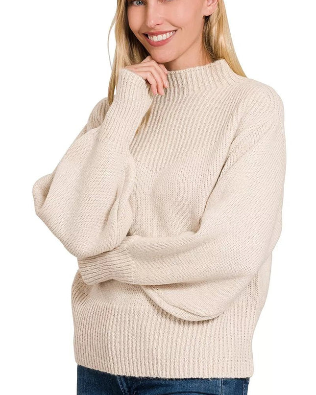Zenana Balloon Sleeve Mock Neck Sweater - Sleekdenim.com