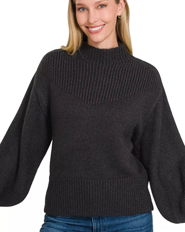 Zenana Balloon Sleeve Mock Neck Sweater - Sleekdenim.com
