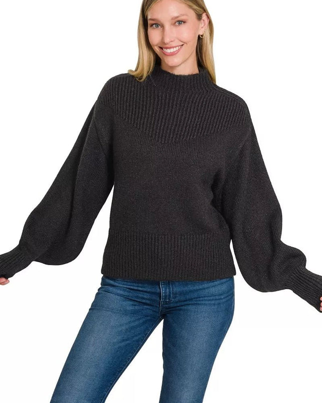 Zenana Balloon Sleeve Mock Neck Sweater - Sleekdenim.com