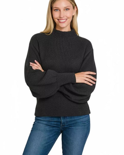 Zenana Balloon Sleeve Mock Neck Sweater - Sleekdenim.com