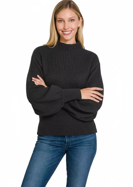 Zenana Balloon Sleeve Mock Neck Sweater - Sleekdenim.com