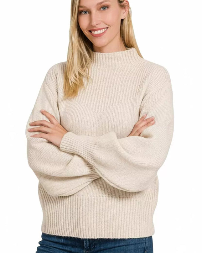 Zenana Balloon Sleeve Mock Neck Sweater - Sleekdenim.com