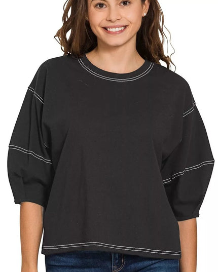 Zenana Balloon Sleeve Top with Contrast Stitching - Sleekdenim.com