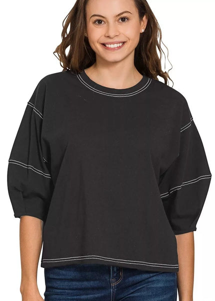 Zenana Balloon Sleeve Top with Contrast Stitching - Sleekdenim.com