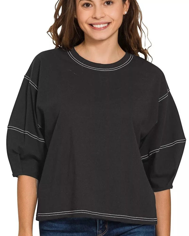 Zenana Balloon Sleeve Top with Contrast Stitching - Sleekdenim.com
