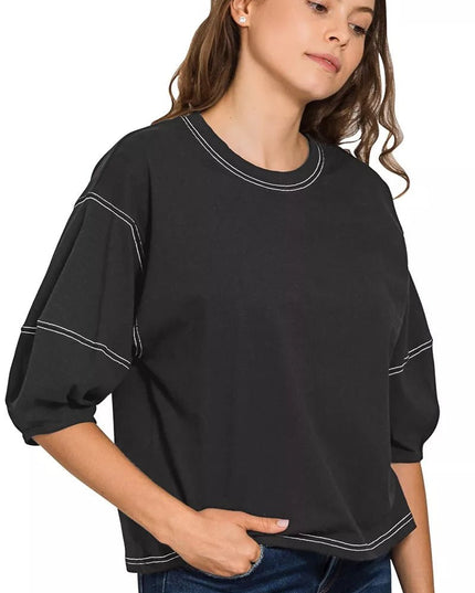 Zenana Balloon Sleeve Top with Contrast Stitching - Sleekdenim.com