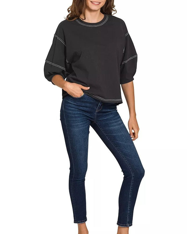 Zenana Balloon Sleeve Top with Contrast Stitching - Sleekdenim.com